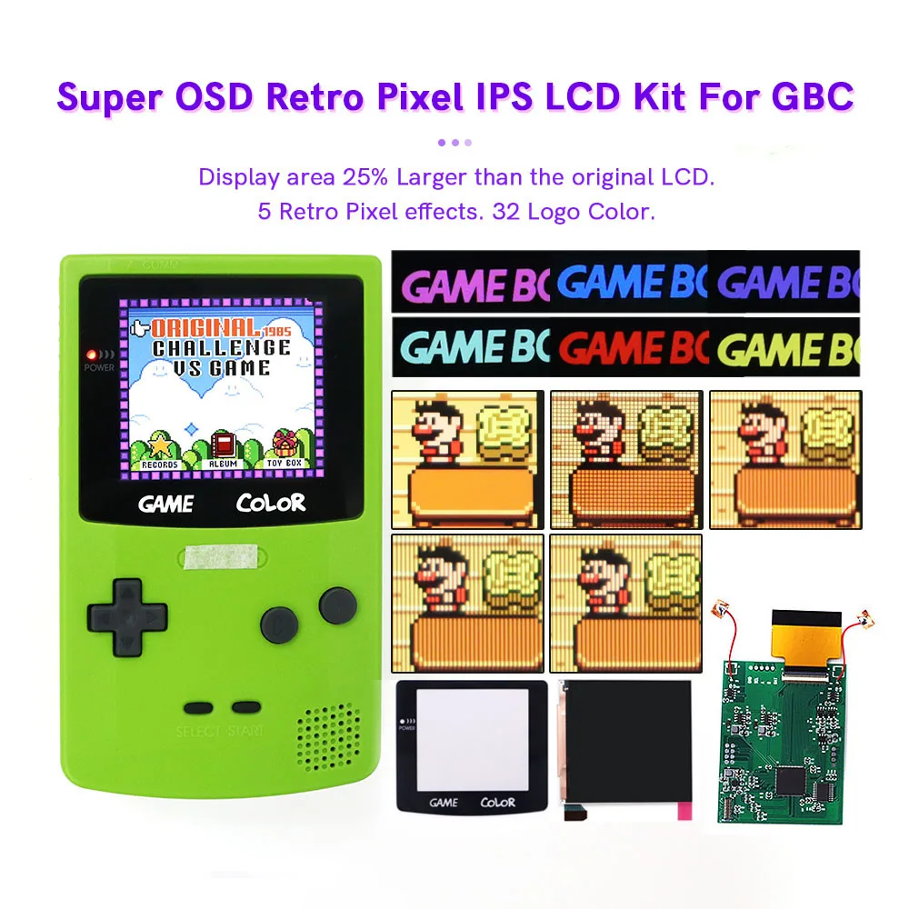 Super OSD Retro Pixel IPS High Light Backlight Brightness Touch Sensor LCD Kit+Pre-cut Shell For Q5 GBC --- discoloration