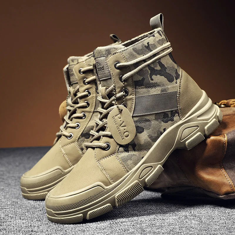 

Men's Camouflage Boots Spring and Autumn Lace-up Fashion Motorcycle Shoes Thick-soled Men's Boots Desert Army Boots Short Boots