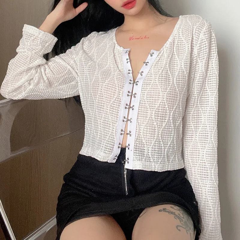 

Women's Top White Lightweight Breathable Long Sleeve Sexy Buckle Cardigan Streetwear Casual Fashion Loose Harajuku LadiesT-Shirt