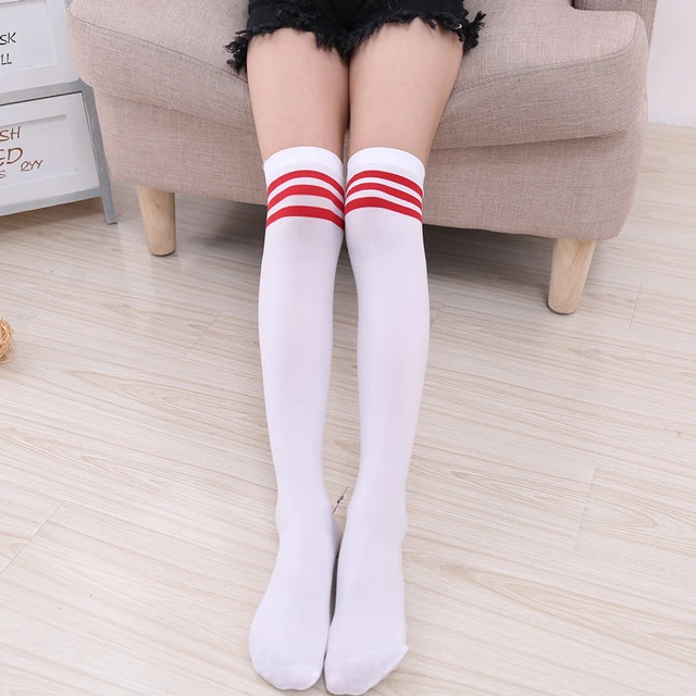 Chaussettes longues à rayures noires et blanches pour femmes, chaussettes  hautes au dessus du genou, chaussettes japonaises Lolita pour filles -  AliExpress