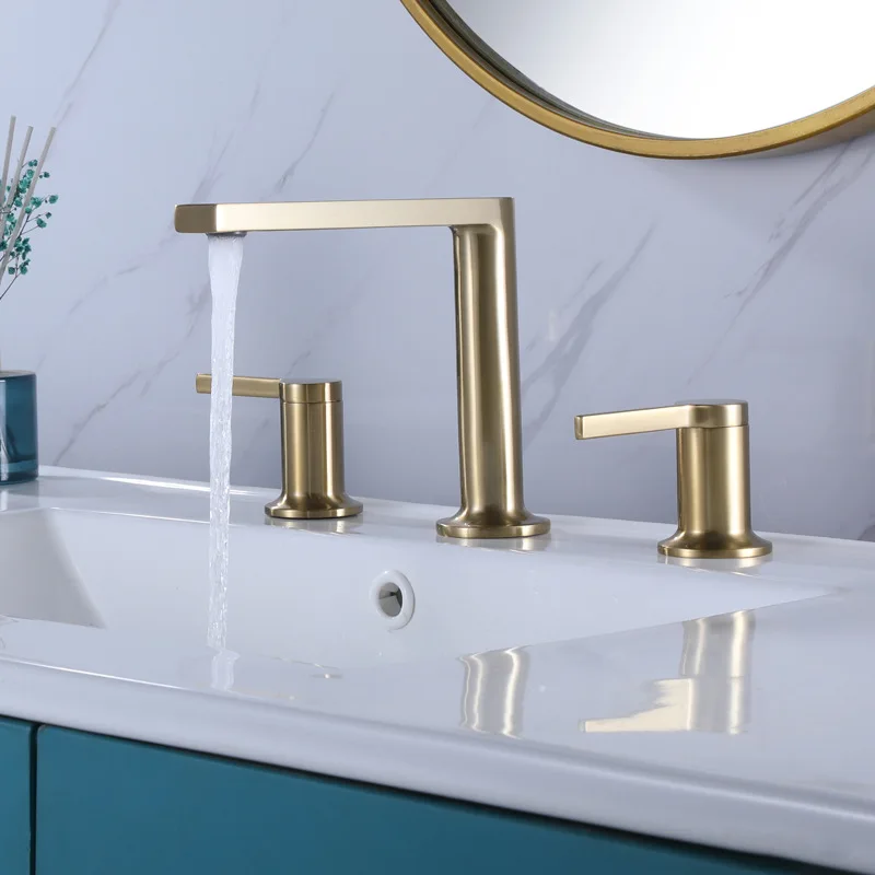 

Bathroom Sink Faucet Brushed Gold Brass Basin Faucets Holes Double Handle Luxury Bathbasin Bathtub Taps Hot and Cold Mixer Water