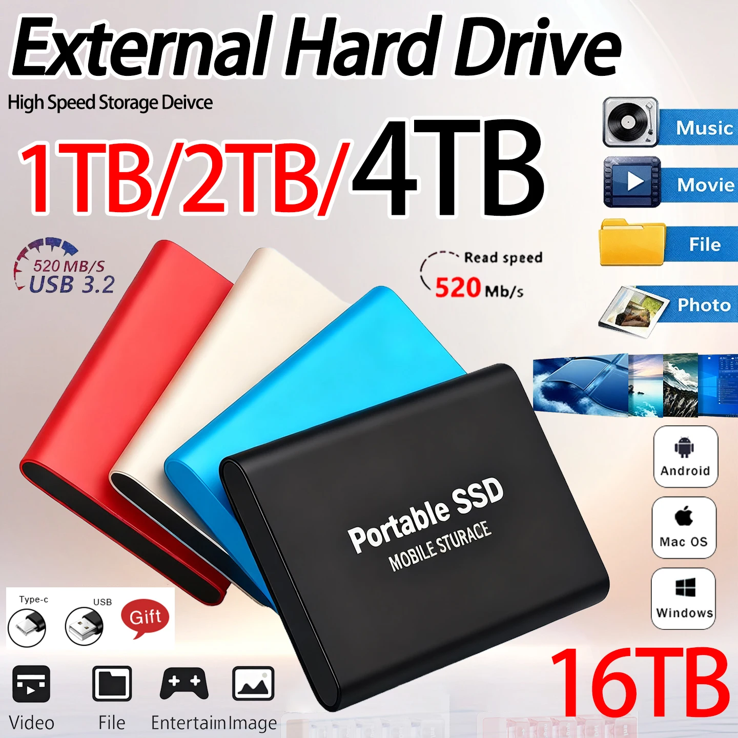 【Brand+】ฮาร์ดไดรฟ์ภายนอกที่เชื่อถือได้ ความจุ 16TB รองรับ USB 3.2 โซลิดสเตทไดรฟ์ ความจุ 2TB 4TB ไดรฟ์จัดเก็บข้อมูลความเร็วสูง ชนิด Type-C สำหรับพีซีและโน้ตบุ๊ก 1
