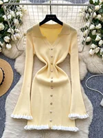 Knitted Dr Women's Autumn High Waist Midi Skirt Sle Wooden  Collar Slimming Beautiful Lady Long Sve Dr - Image 2
