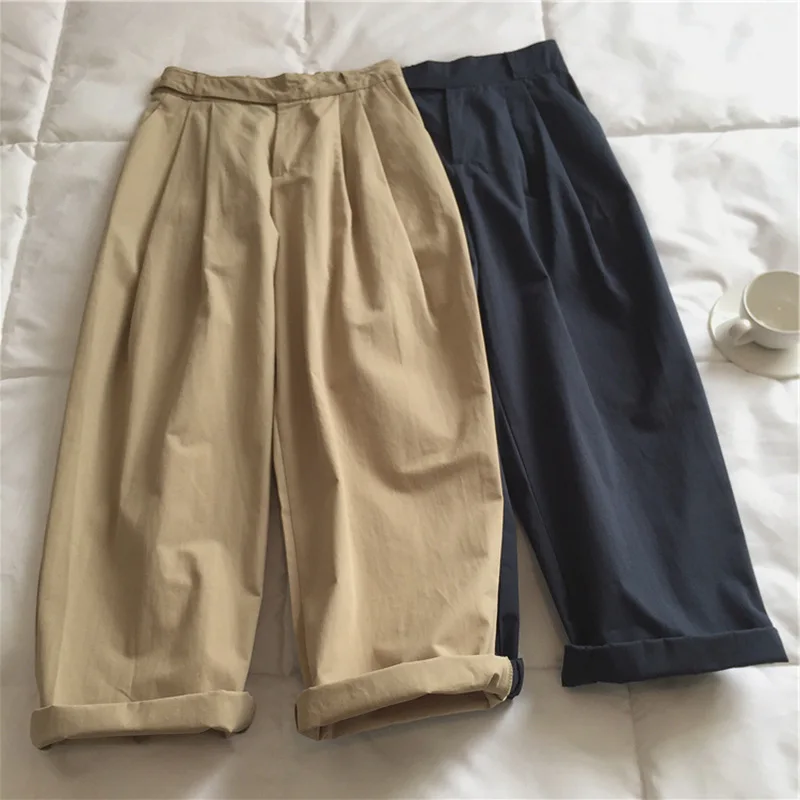

Japanese Women Wide-Legged Pants Spring Summer Solid Color High-Waisted Cotton Overalls Casual Loose Khaki Trousers