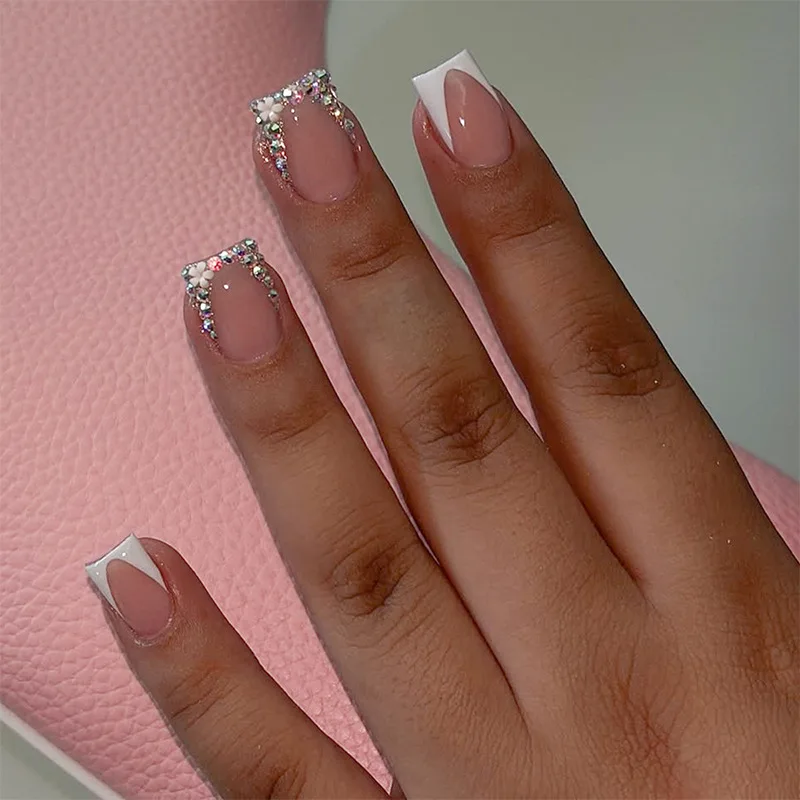 Short Square Head False Nails with Rhinestones