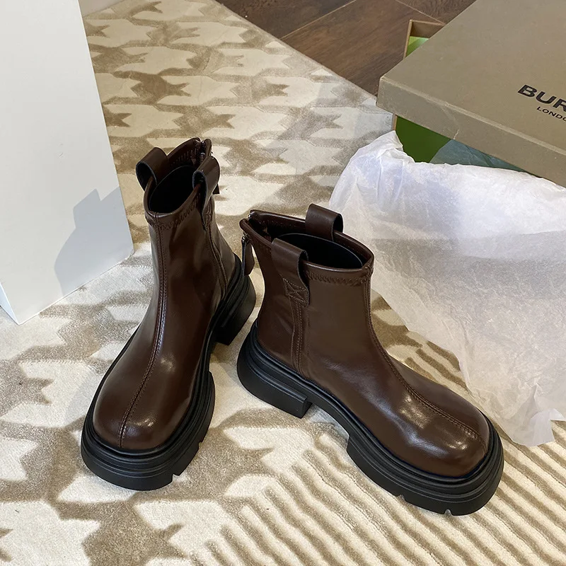 

Thick soled Chelsea short boots for women's autumn and winter genuine leather round toe mid pipe smoke pipe boots