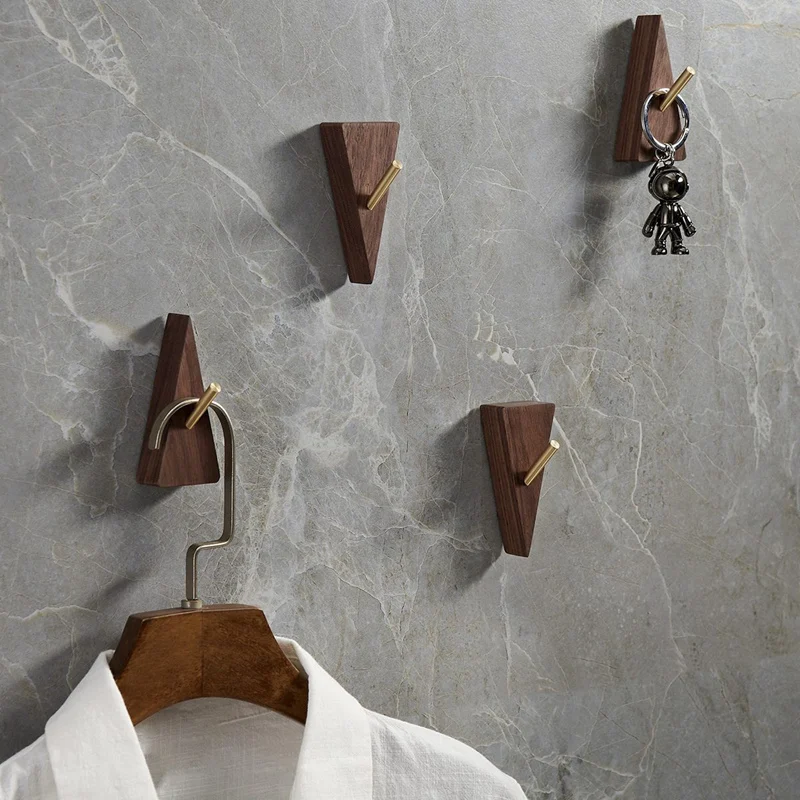 Description Picture 2 of itemTriangle Shape Brass Solid Wood Hooks Multi-Purpose Key Holder Decoration Wall Coat Rack Door Clothes Storage Home Organizer