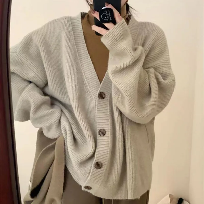 

Autumn and Winter New Solid Soft Glutinous Knitted Cardigan Women's Korean Crater Stripe Loose Lazy V-Neck Sweater Coat