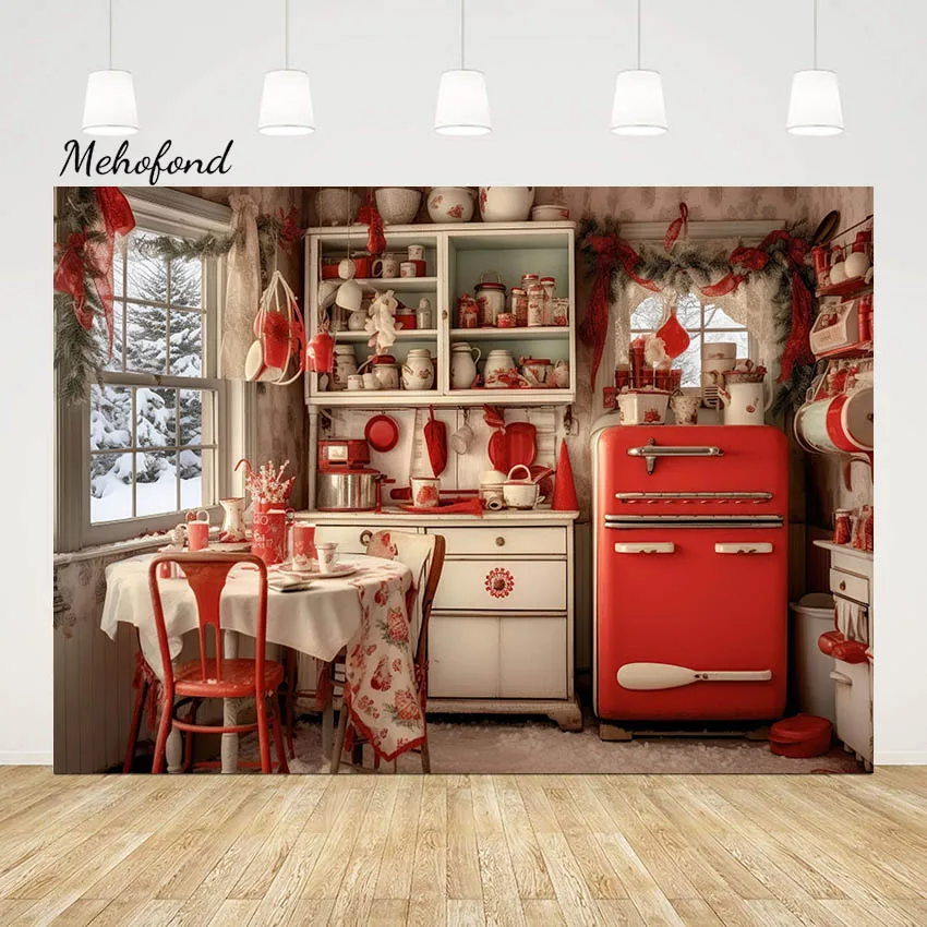 

Mehofond Christmas Kitchen Photography Backdrops White Cabinet Xmas Tree Kids Photocall Family Portrait Background Photo Studio