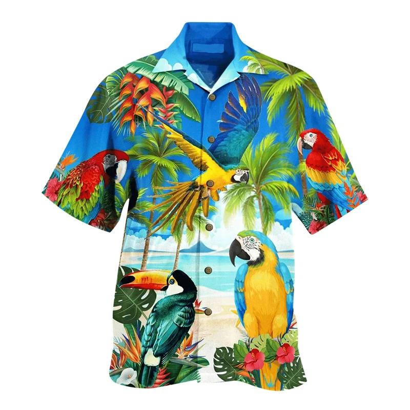 Hawaiian Beach Parrot Graphic Shirts For Men Clothing Fashion Hawaii Coconut Tree Animal 3D Printed Short Sleeve Vacation Tops