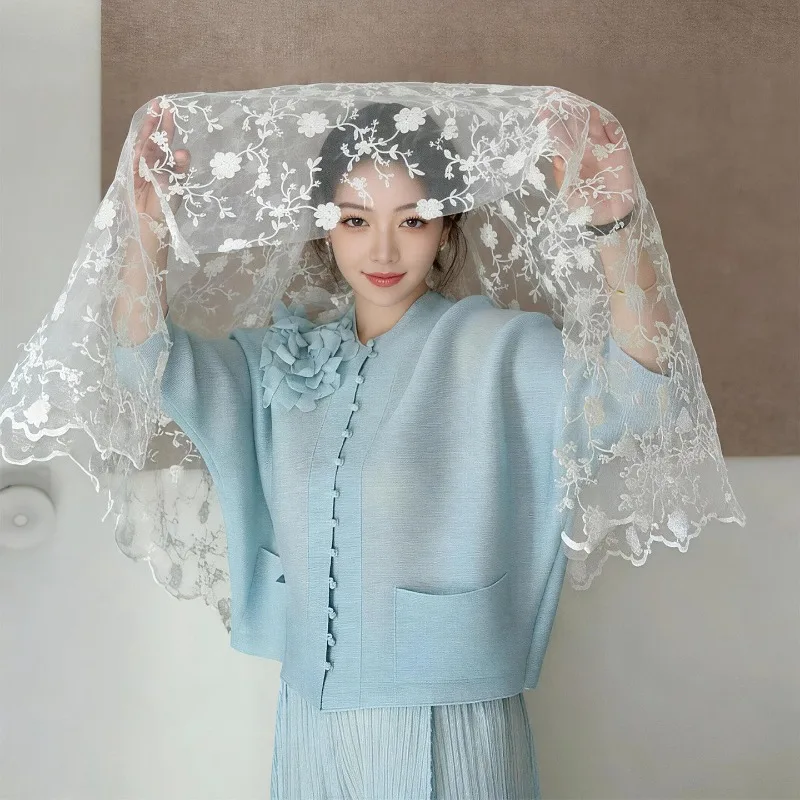 미야케 플리츠 2026 신상 오리지널 블루 버튼 가디건 캐주얼 패션 와이드 팬츠 여성 봄 여름 하이엔드 패션 세트
