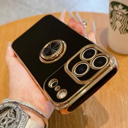 Luxury Plating Magnetic Finger Ring Case with Metal Holder Stand and Shockproof Cover - iPhone 15 Plus (Dri Black)