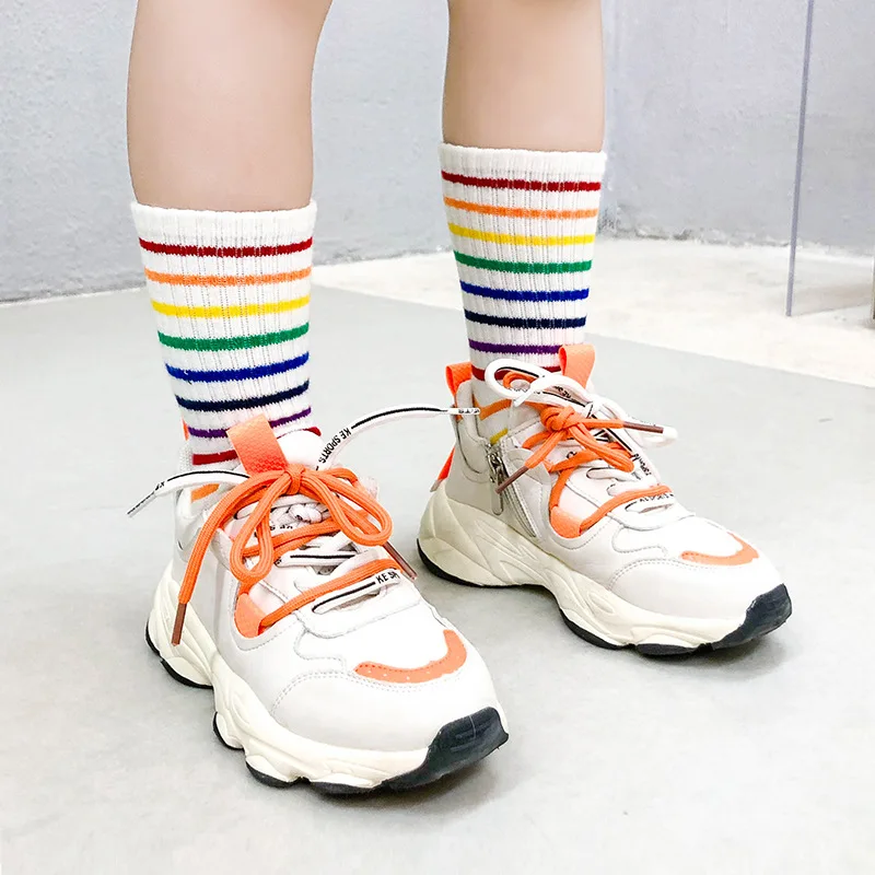 1 Pairs Rainbow Socks for Kids Spring Summer Colourful Stripe Breathable Cotton Girls Boys Tube Socks School Long Socks 1-8 Year 4