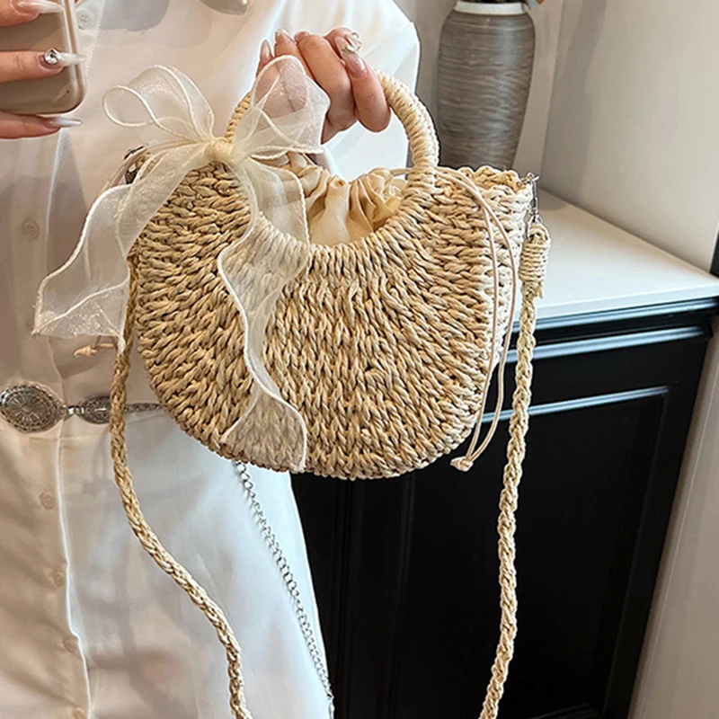 Straw Bag Women Hand-Woven Handbag Moon Shape Lace Bow Rattan Bag Big Capacity Drawstring Casual Beach Shoulder Crossbody Bag