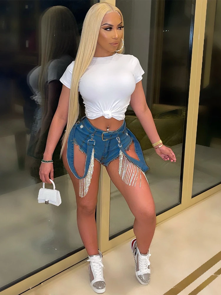 

Habbris Fall Sexy Solid Jeans Shorts Club Outfit For Women 2022 Low Waist Booty Tassel Bandage Short Pants Female Trousers