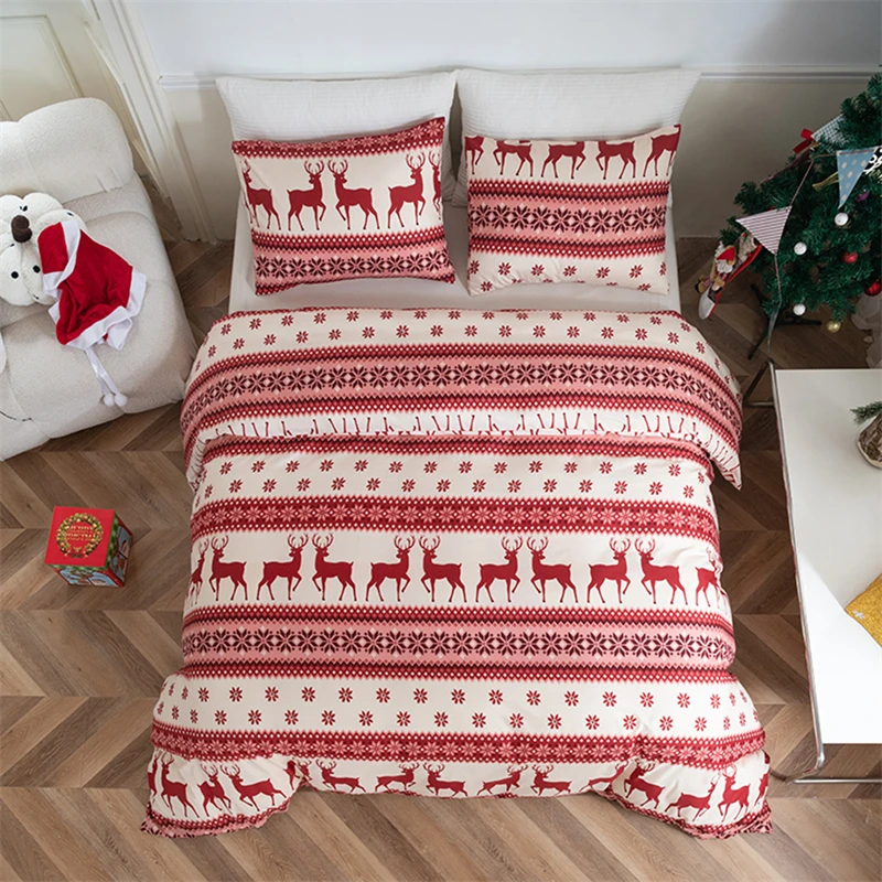 thumbnail image 1 of Juego de funda nórdica de fibra de poliéster para Navidad, juego de cama con copos de nieve de alce navideño rojo y azul, funda de edredón de microfibra suave y cómoda, 1 of 4