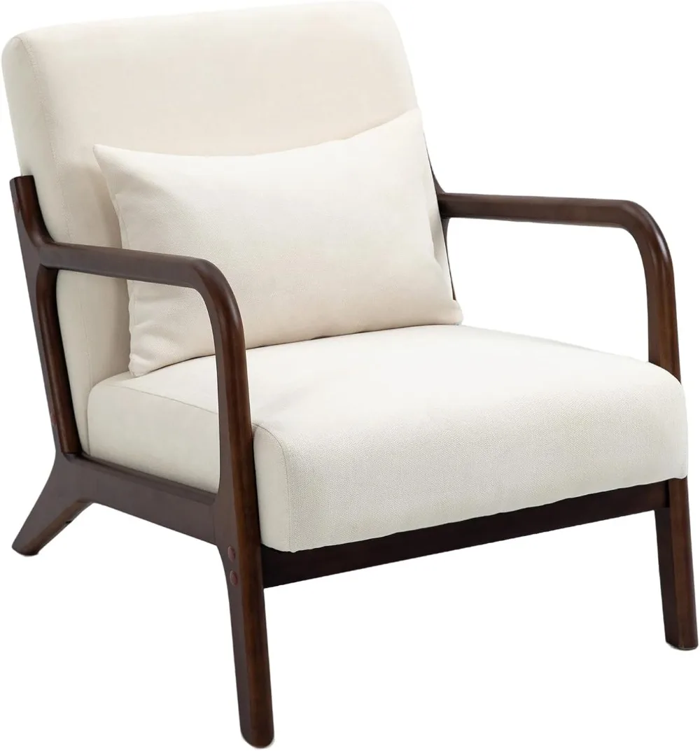 Modern Accent Chair, Cotton Linen Upholstered Lounge Armchair with Solid Wood Frame for Living Room