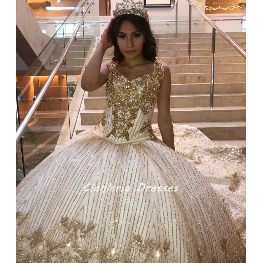 

Gold Crystal Sequined Mexican Quinceanera Dress With Cape Ball Gown Spaghetti Straps Beading Pearls Corset Vestidos De XV Anos