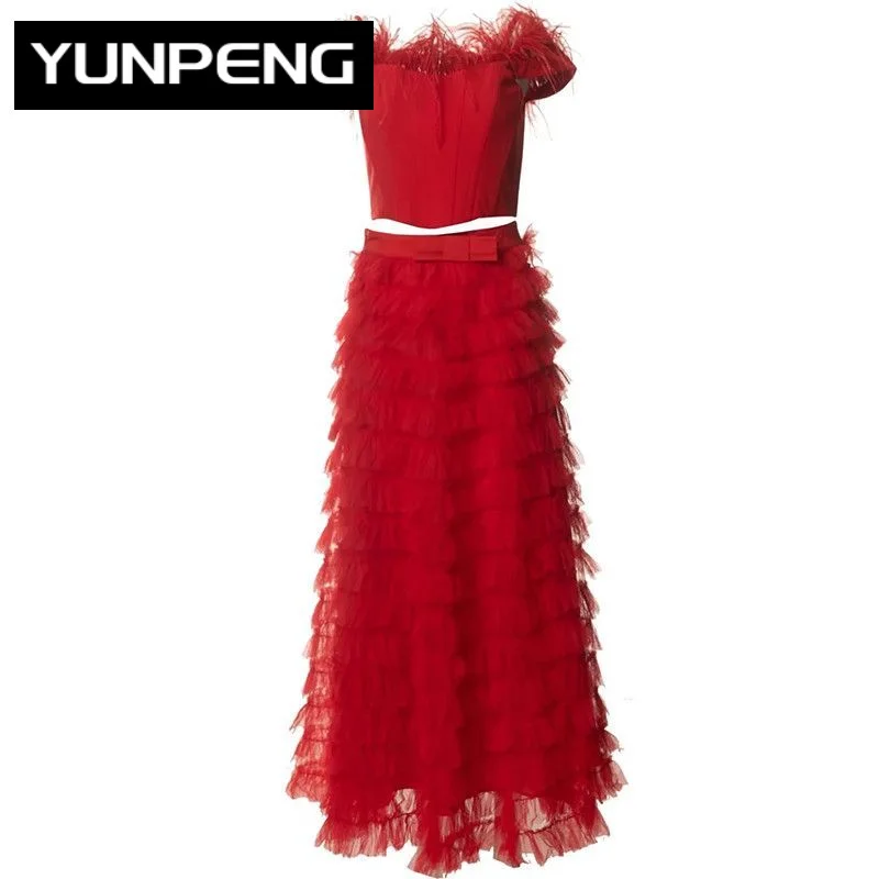 

Dresses For Women 2023 Runway Party Red Long Skirt Suit Women's Tassel One Word Collar Tops+High Waist Cascading Flounces Skirt