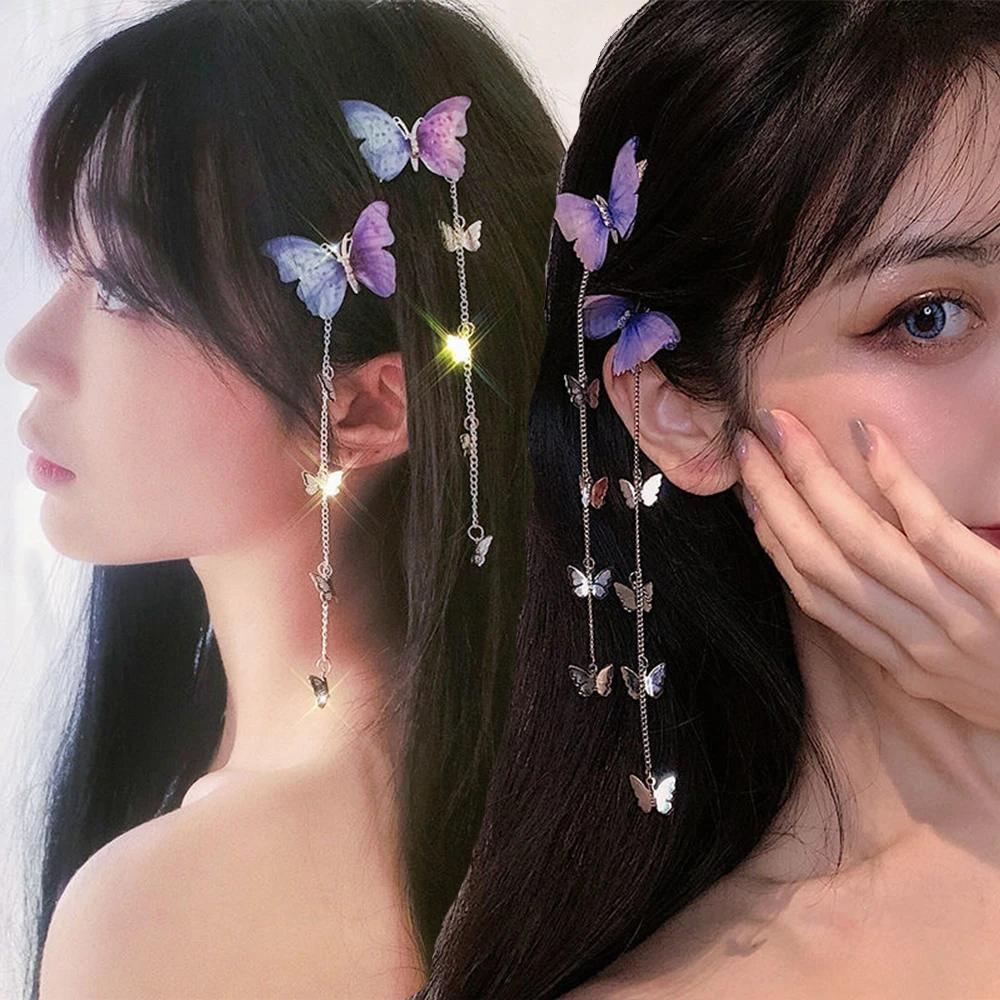 5cm Set/2/6PCS Silver Clip Hairpins Girls Sweet Butterfly Tassel Hair Clip Barrette Hairgrip For Women Fashion Cute Accessories