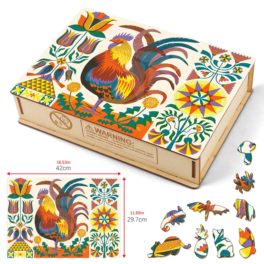 Rooster Jigsaw Puzzle Box Animal Wooden Puzzle Board Games Illustrated Cock And Flowers Intelligence Puzzles Toys For Children illustrated man