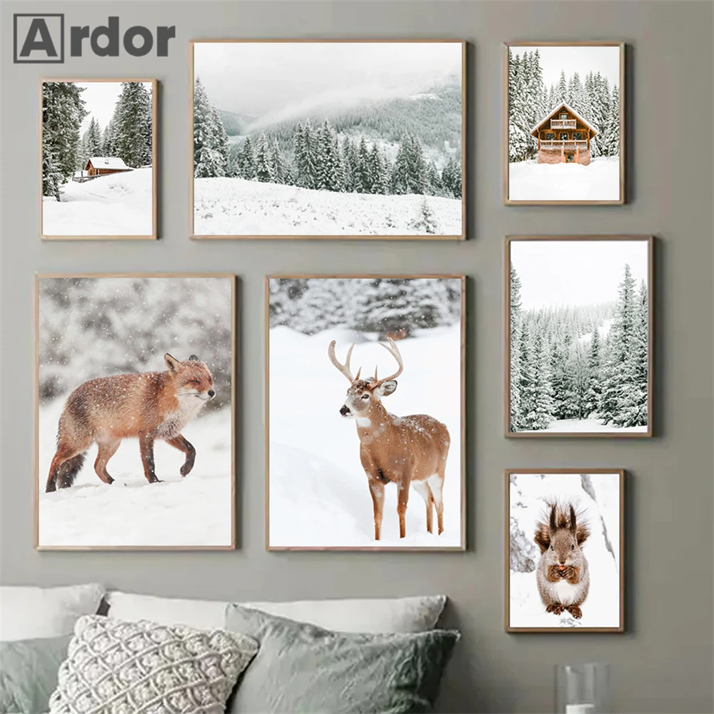 

Winter Forest Snow Animals Art Painting Fox Squirrel Deer Canvas Poster Landscape Print Nordic Wall Pictures Living Room Decor
