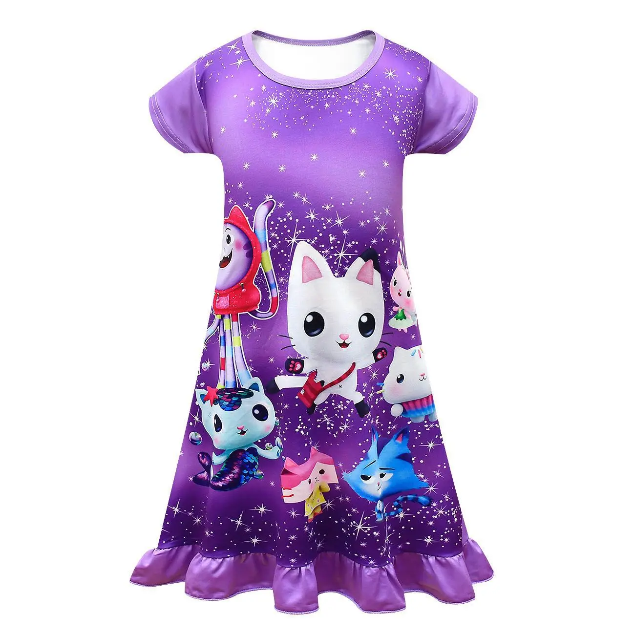 nightgowns and robes	 2022 Summer Gabbys Dollhouse Vestido Kids Gabby Cats Tastic Dress for Baby Girls Kawaii Short Sleeve Dresses Cartoon Nightgown cotton short pajama sets