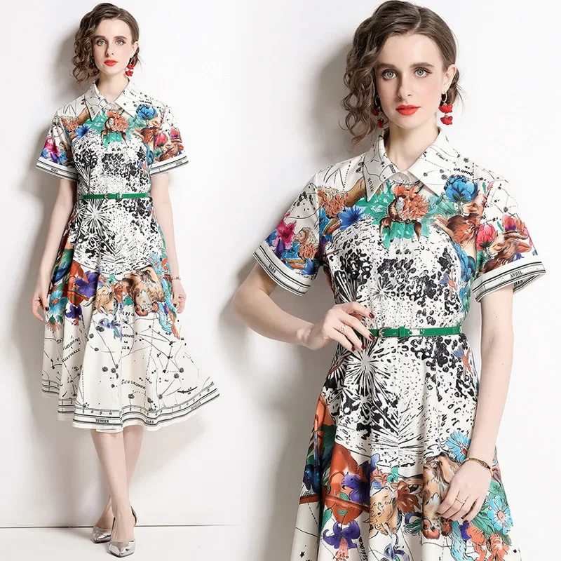 

Summer New Star Dress with Short Sleeve Printed Belt Waist Cardigan Long Dress Women
