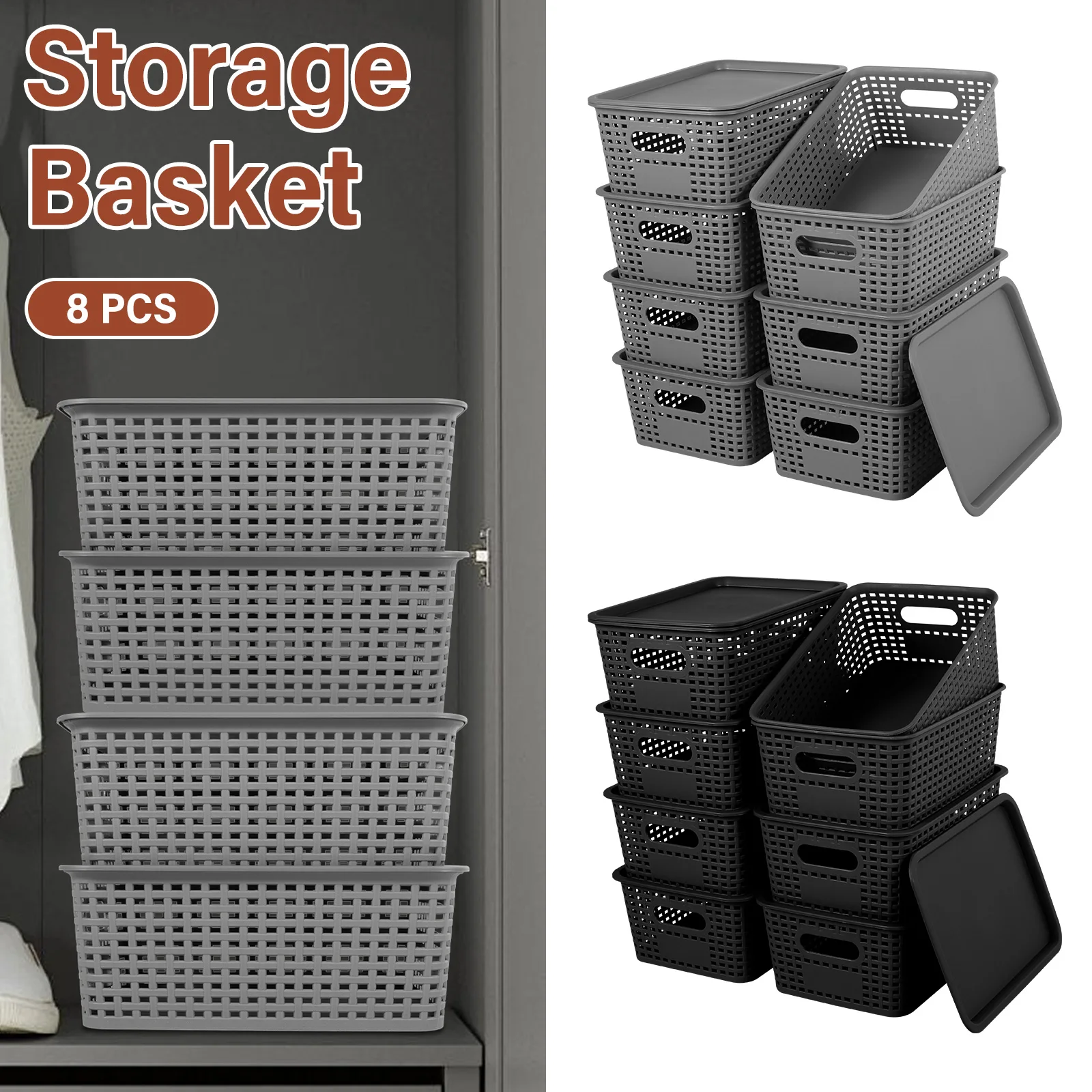 8Pcs Plastic Storage Basket Stackable Desktop Storage Organizer Bin with Handle and Lid Hollowed Out Side Woven Organizer Basket
