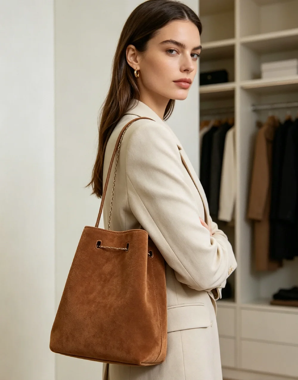 Vintage Suede High-end Bucket Bag With Large Capacity Women Handbag Versatile For Commuting Single Shoulder Bag Armpit Bag