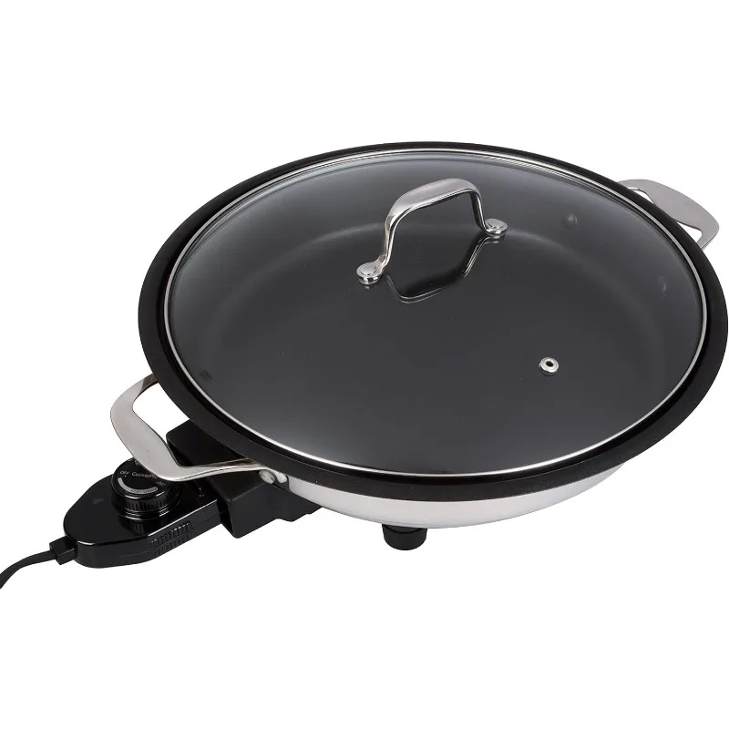 Electric Skillet By Cucina Pro -18/10 Stainless Steel,Frying Pan with Non Stick Interior,Glass Lid,12" Round,Temperature Control 2