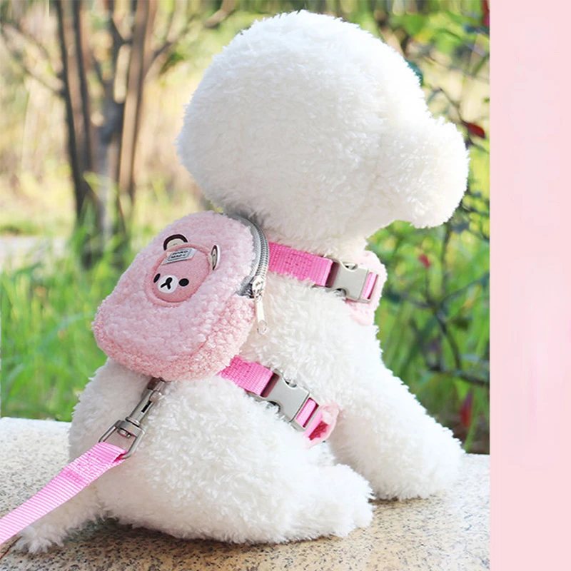 Warm Dog Backpack Harness with Leash Set Warm Lamb Wool Cartoon