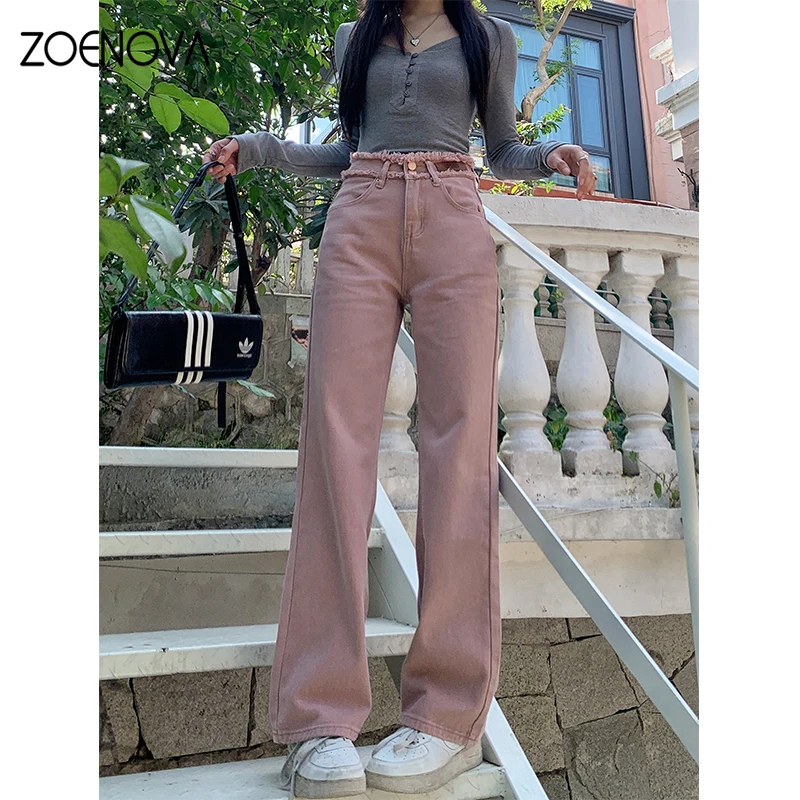 ZOENOVA Y2K 더블 단추 로우 엣지 청바지, 여성용 와이드 레그 팬츠, 핑크 작은 스트레이트 데님 바지, 2024 미국 패션