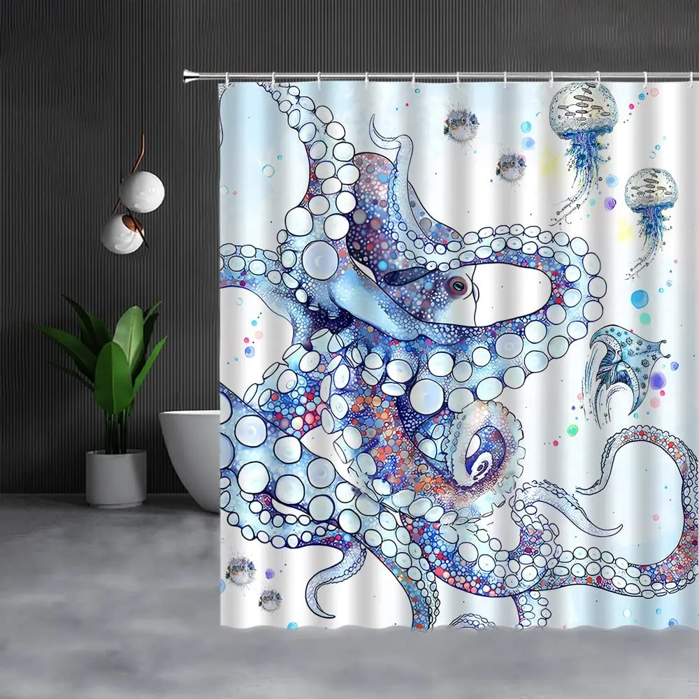 

Octopus Shower Curtain Summer Watercolor Nautical Sea Animal Jellyfish Colorful Bubble Blue Creature Bathroom Curtains with Hook