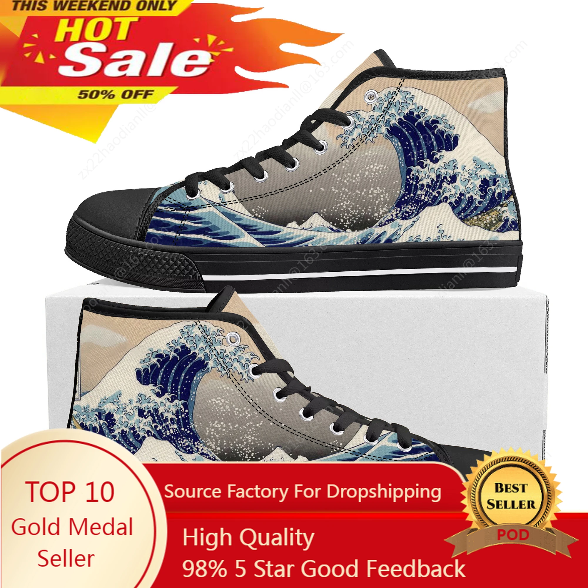 Fashion The Great Wave off Kanagawa Printmake Art High Top Sneakers Mens Womens Canvas Sneaker Casual Couple Shoes Custom Shoe
