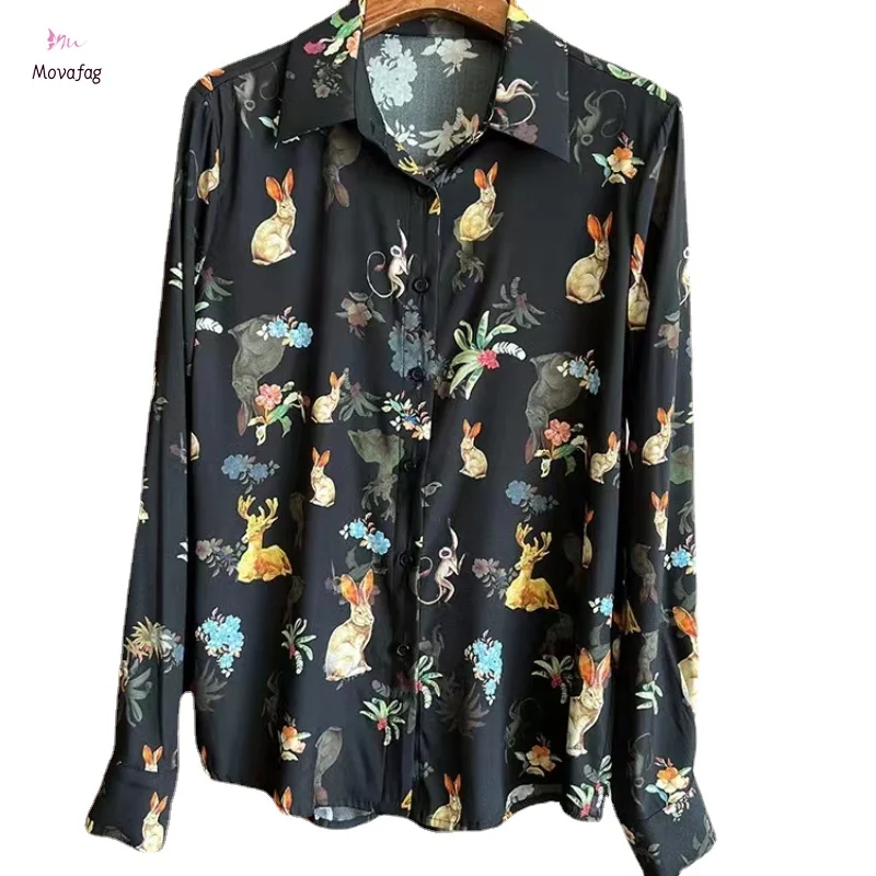 

New 2024 Satin Summer Women's Blouse Casual Fashion Advanced Temperament Simplicity Tops Printing Long Sleeved Shirt