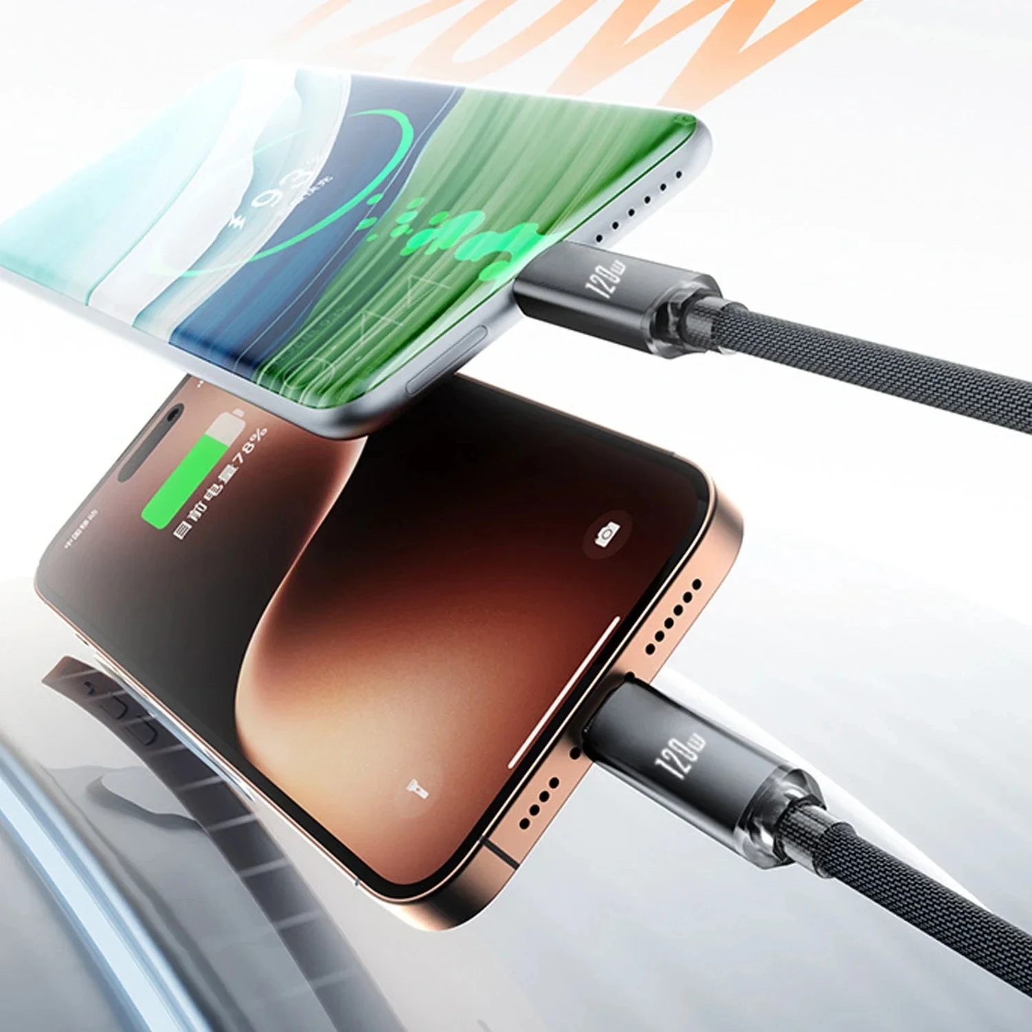 High-Power Portable USB-C to USB-C Retractable Fast Charge Cable with Car Adapter