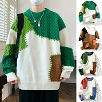 Patchwork Knitwear Men's Loose Winter Warm Outerwear Casual Style Crew Neck Sweater Fashion Brand Cross-Border Clothing