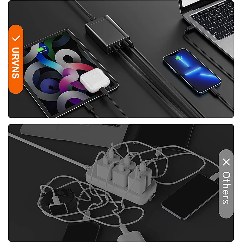 URVNS 96W 6-Port Desktop USB Charging Station with 3 USB-C Ports and QC3.0 Ports, PD 20W Fast Charger for iPhone 13 iPad Samsung