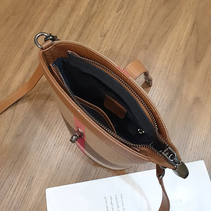 Nuove borse da donna con mini chiusura a catena a spalla intrecciata, tela eccellente con borsa a secchiello a tracolla in vera pelle scozzese_voghion.com
