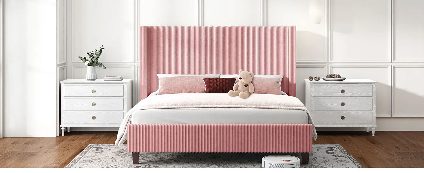 Description Picture 6 of itemHOWE Queen Size Upholstered Platform Frame,Wingback Bed with 50.8" Headboard,Corduroy/Solid Wood Leg/No Box Spring Needed/No