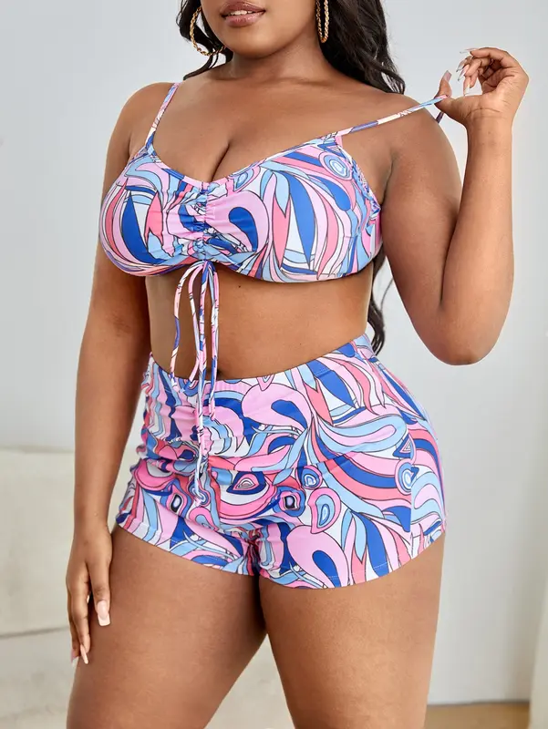 3 Pieces Large Size Bikini 2026 Printed Swimsuit Women & Kimono Drawstring Front Swimwear Female Bathing Swimming Suit Beachwear