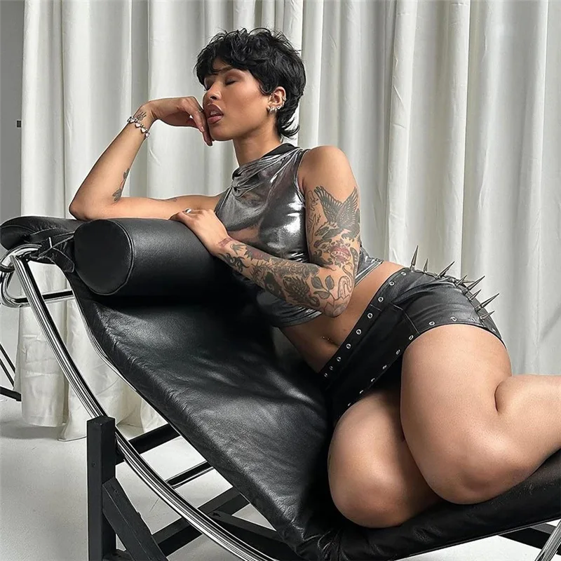 Top corto de seda brillante para mujer, ropa atrevida, accesorios Y2k, corsé de cuello redondo, ropa para mujer, sin mangas, conjuntos sexis para club rave, camisola de verano