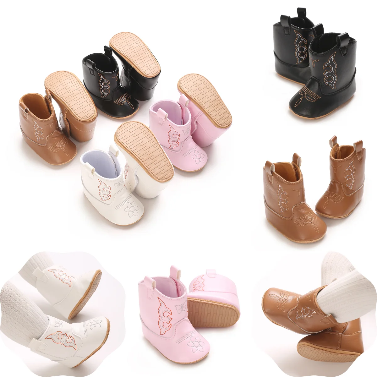 0-18Months New Leather Rubber bottom anti sli Boots Fashionable and Casual Infant Toddler Mid length Boots Embroidered  Boots 1