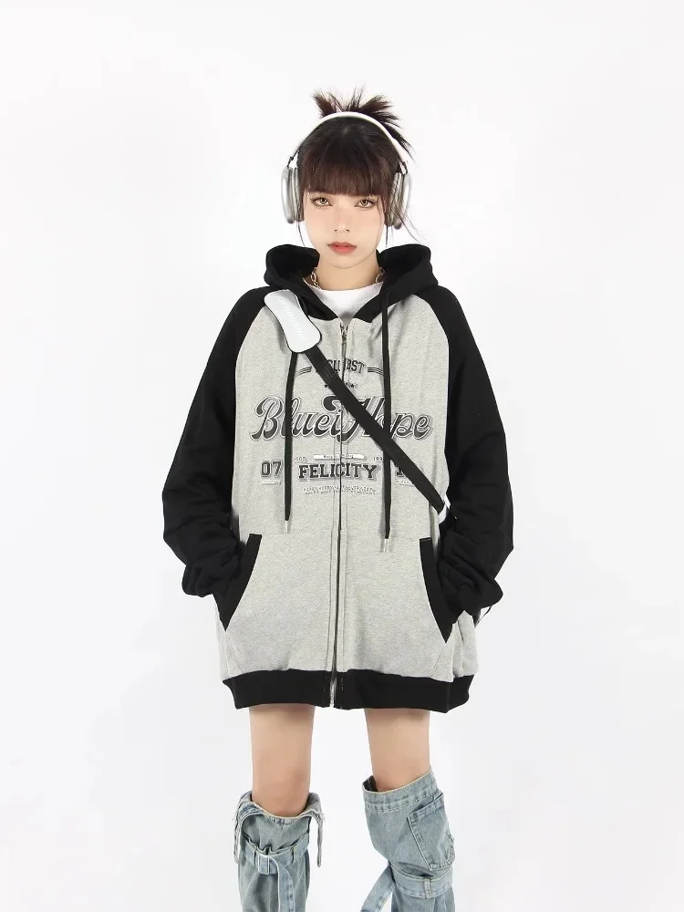 

New American Retro Patchwork Zipper Hoodie Women Vintage Streetwear Letter Print Oversizied Hooded Sweatshirt Preppy Style