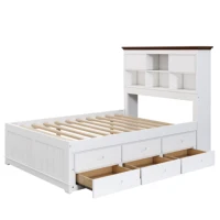Solid Pine Captain Bookcase Bed with Trundle Bed and 3 Spacious Under Bed Drawers in Casual,Full, White+Walnut 1