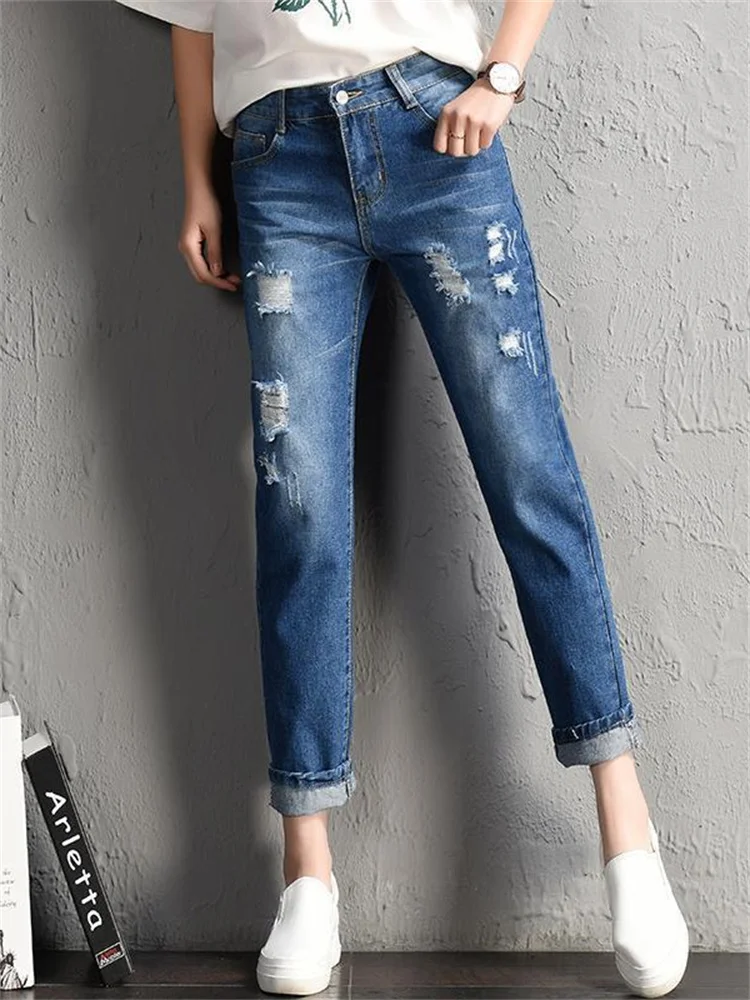  - 2022 New Women Fashion Mid Waist Boyfriend Big Ripped Hole Jeans Casual High Street Denim Pants Sexy Vintage Pencil Calca Jeans