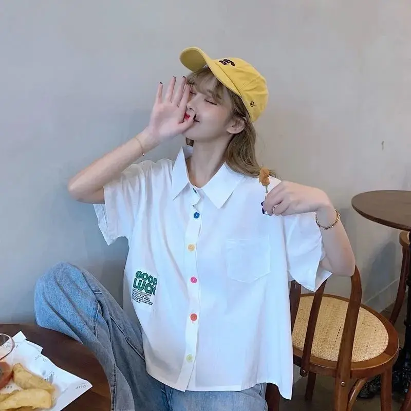 

EBAIHUI Summer New Women's Shirt Rainbow Button Design Ladies Blouse Cute Preppy Style Flip Collar Blusas