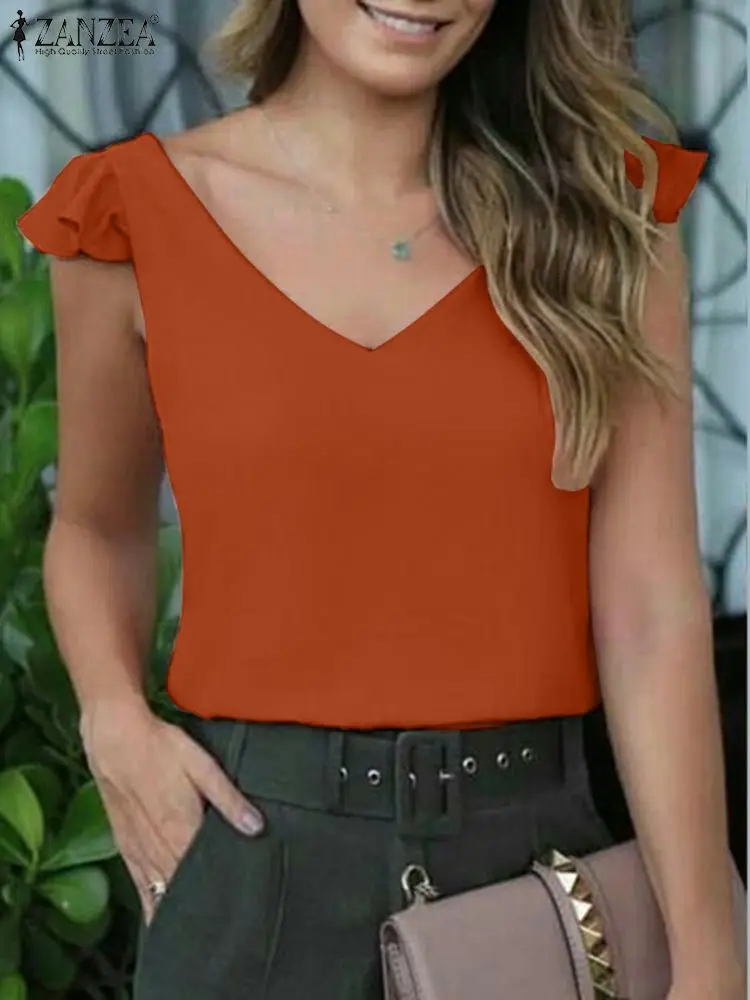 

Модные летние Женские однотонные офисные топы ZANZEA с V-образным вырезом, элегантная Рабочая Рубашка, повседневные топы с воланом, туника 7