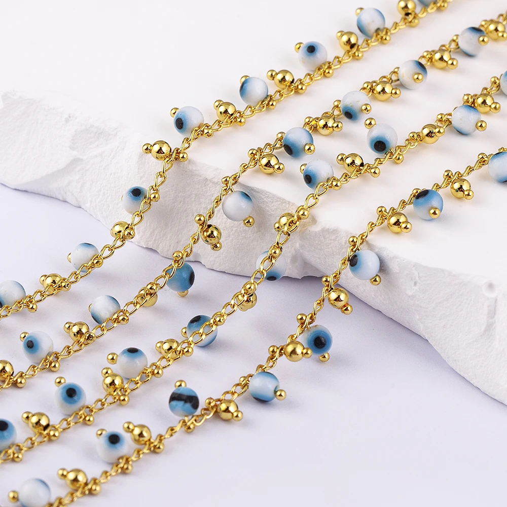 1 미터 구리 골드 컬러 체인 DIY 수제 목걸이 팔찌에 대한 터키어 화이트 블루 이블 눈 비즈 보석 결과 만들기